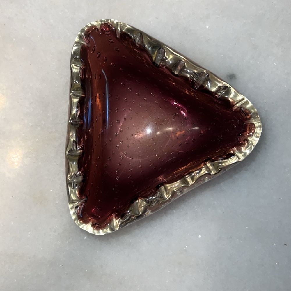 Vintage Armando Jacobino Kumela Triangular Glass Bowl Bubbles Amethyst - Picture 9 of 12